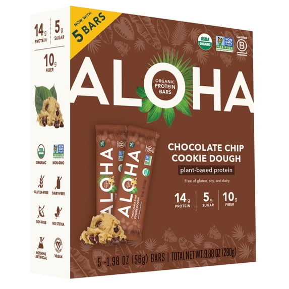 Aloha Plant-Based Protein Bars, 14g Protein, Chocolate Chip Cookie Dough, 5 Pack