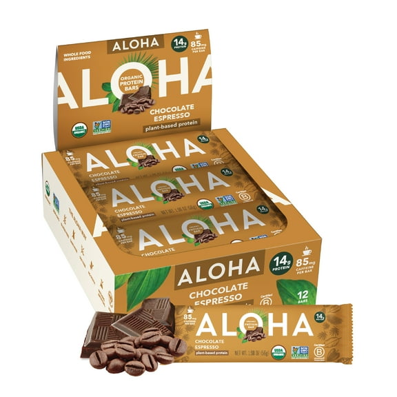 ALOHA Plant Based Protein Bars, Chocolate Espresso, 14g Protein (Pack of 12)