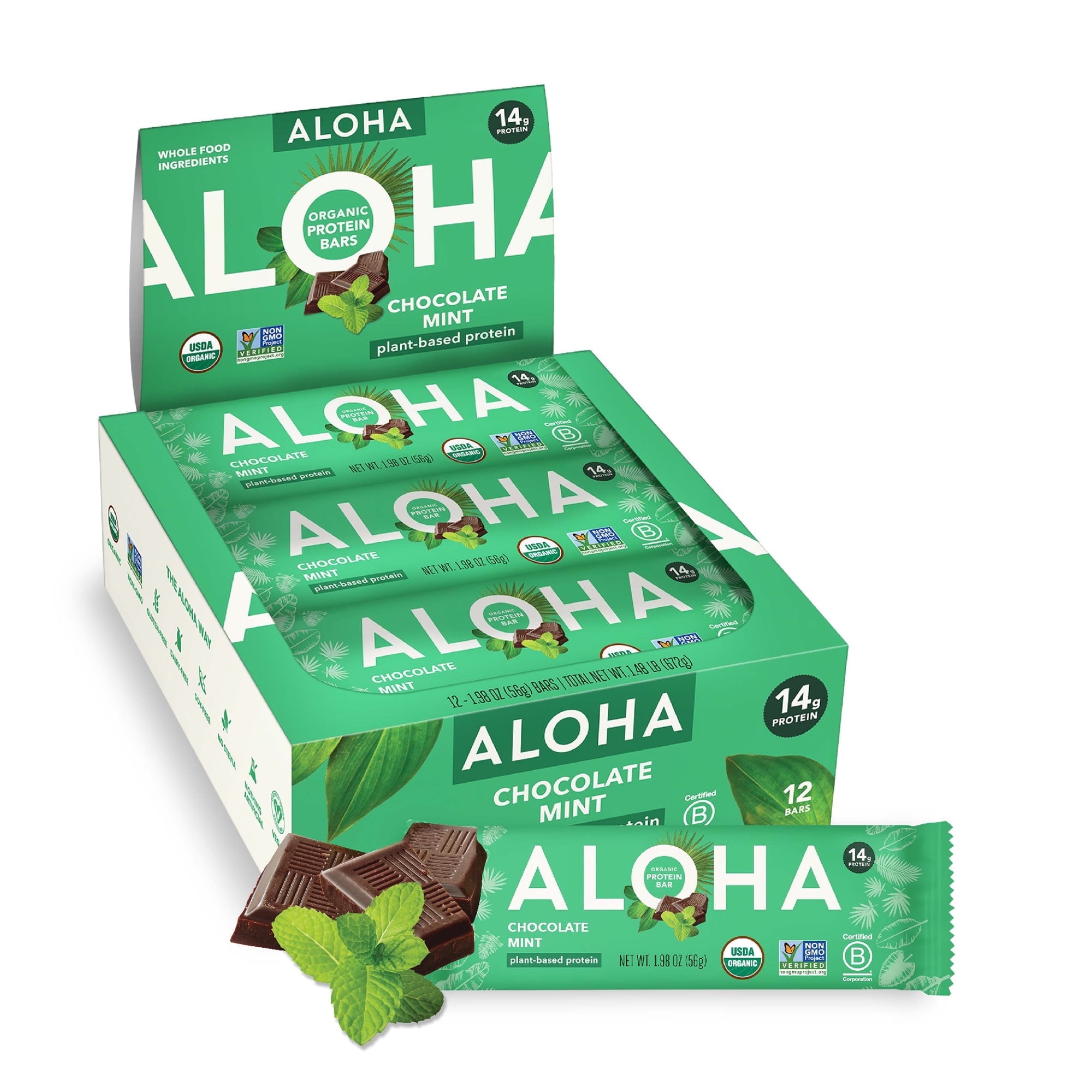 Walmart discounts of ALOHA Plant Based Protein Bars, Chocolate Mint, 14g Protein (Pack of 12)