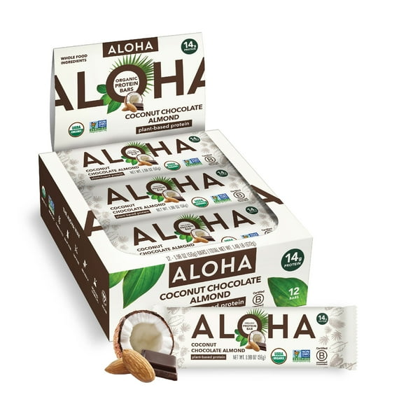 ALOHA Plant Based Protein Bars, Coconut Chocolate Almond, 14g Protein (Pack of 12)