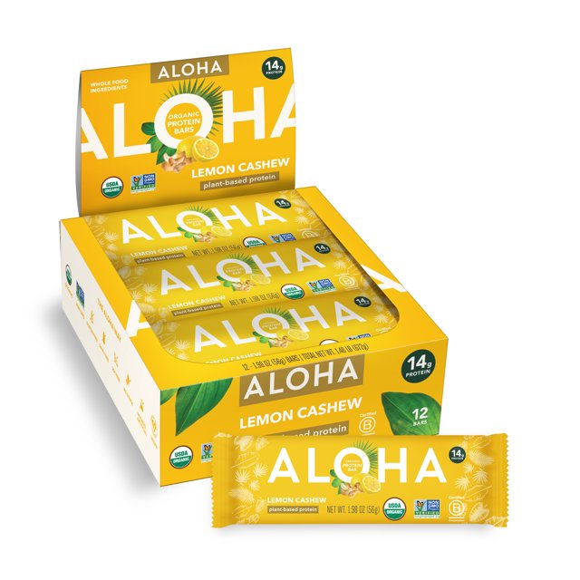 ALOHA Plant Based Protein Bars, Lemon Cashew, 14g Protein (Pack of 12