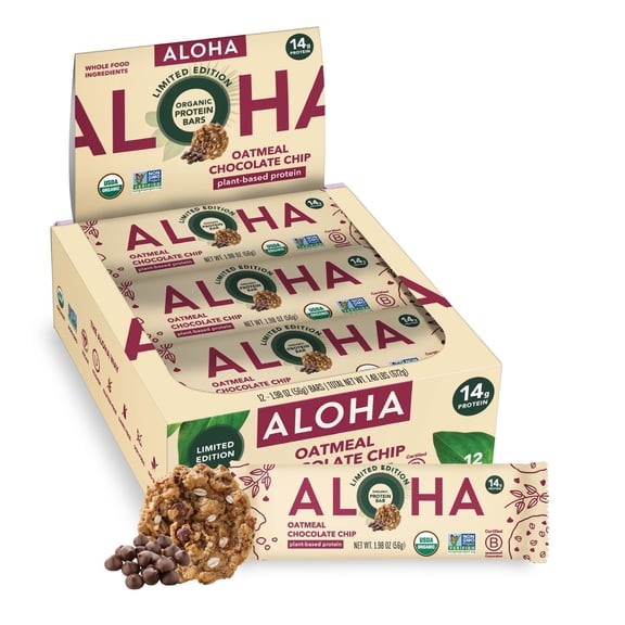 ALOHA Plant Based Protein Bars, Oatmeal, 14g Protein (Pack of 12)