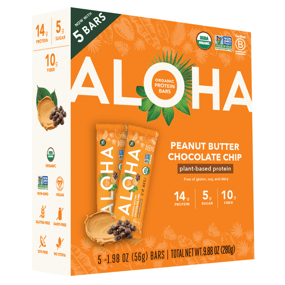 ALOHA Plant Based Protein Bars, Peanut Butter Chocolate, 14g Protein (Pack of 5)