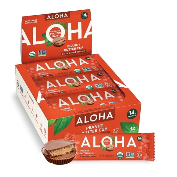ALOHA Plant Based Protein Bars, Peanut Butter Cup, 14g Protein (Pack of 12)