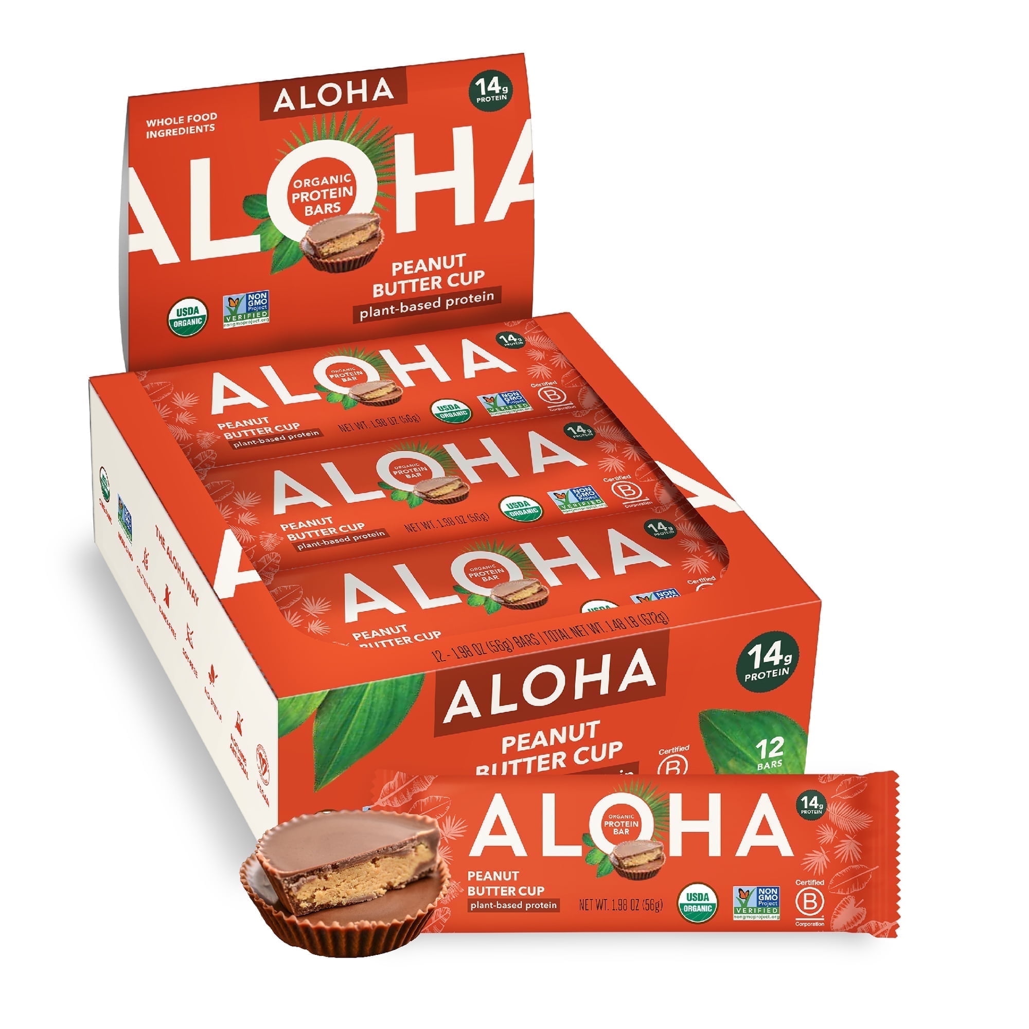 ALOHA Plant Based Protein Bars, Peanut Butter Cup, 14g Protein (Pack of 12)