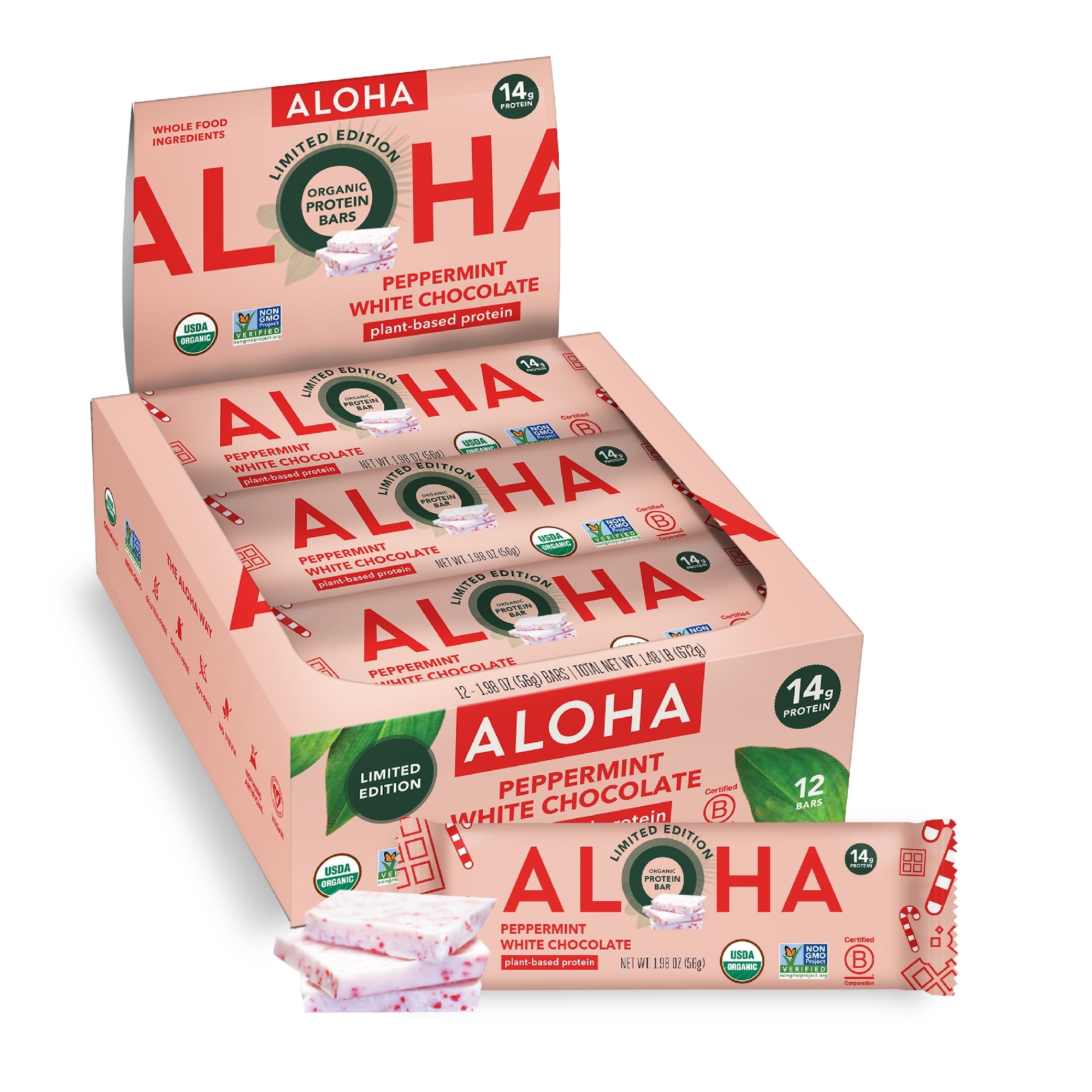 ALOHA, Plant Based Protein Bars, Peppermint White Chocolate (Pack of 12)