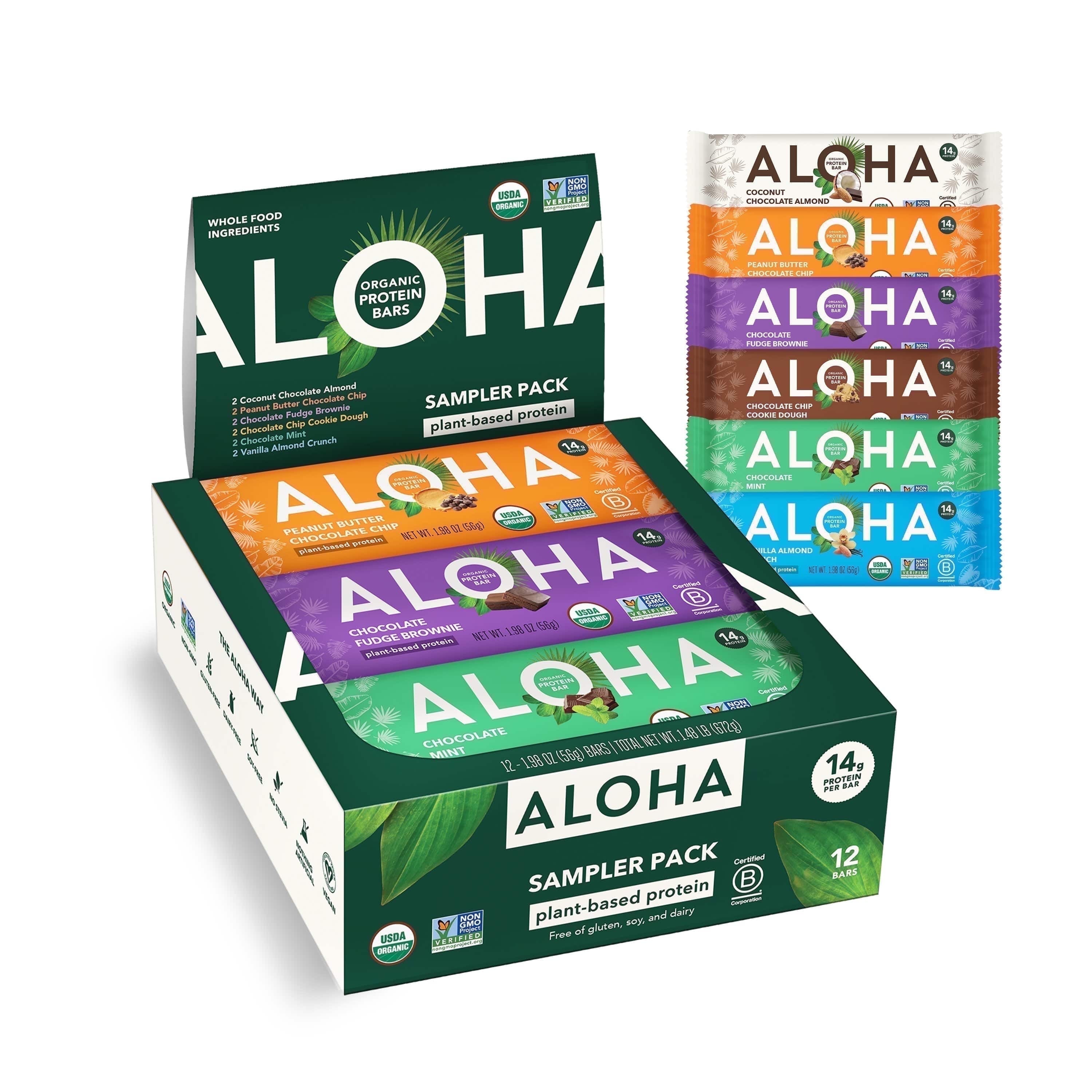 ALOHA Plant Based Protein Bars, 6 Flavor Sampler, 14g Protein (Pack of 12)
