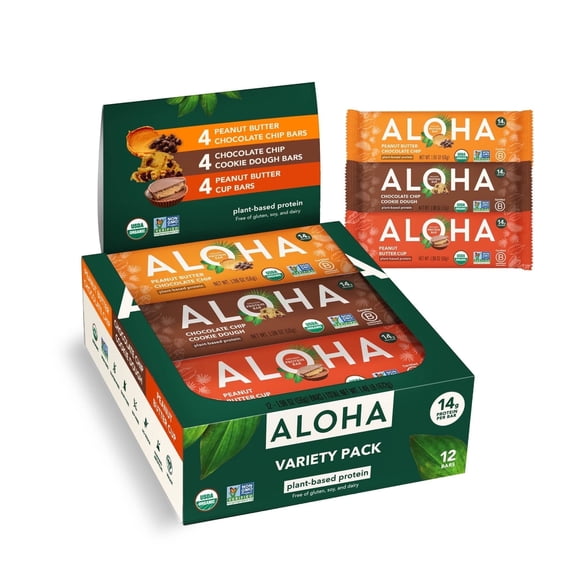 ALOHA Plant Based Protein Bars, 3 Flavor Variety Pack, 14g Protein (Pack of 12)