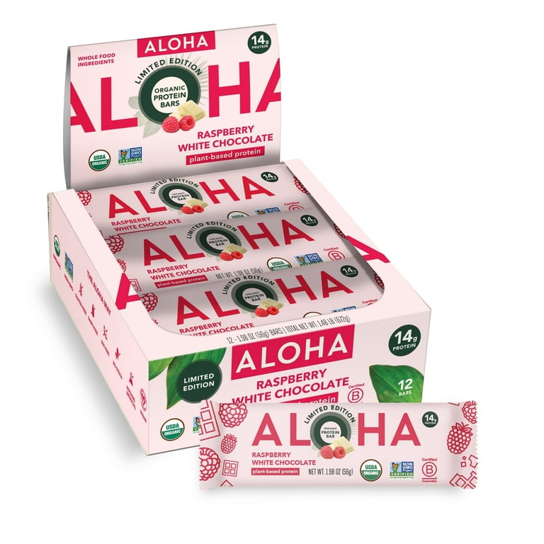 Aloha Organic Plant-Based Protein Bar Raspberry White Chocolate 12 Bars