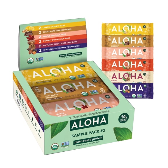 ALOHA Plant Based Protein Bars, Sample Pack #2, 14g Protein (Pack of 12)