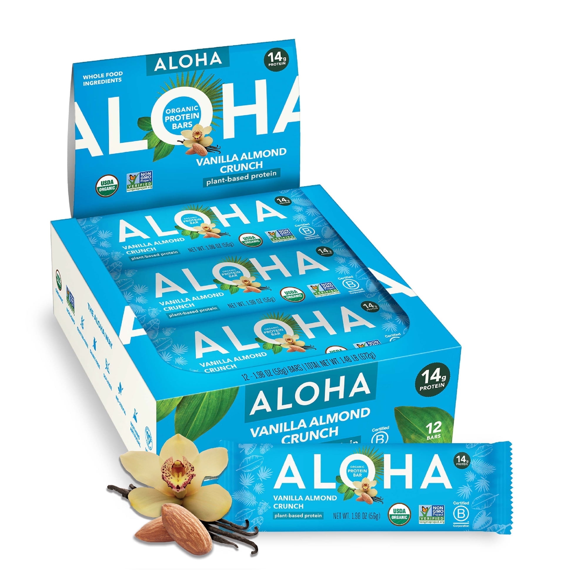 ALOHA Plant Based Protein Bars, Vanilla Almond Crunch, 14g Protein, (Pack of 12)