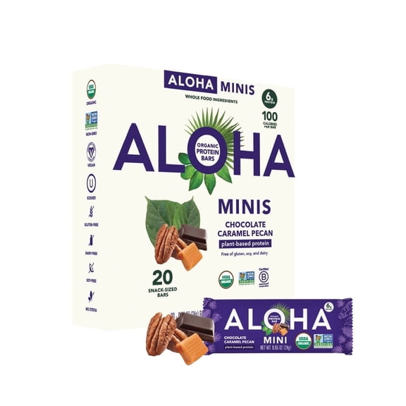ALOHA, Plant Based Protein Mini Bars, Chocolate Caramel Pecan (Pack of 20)
