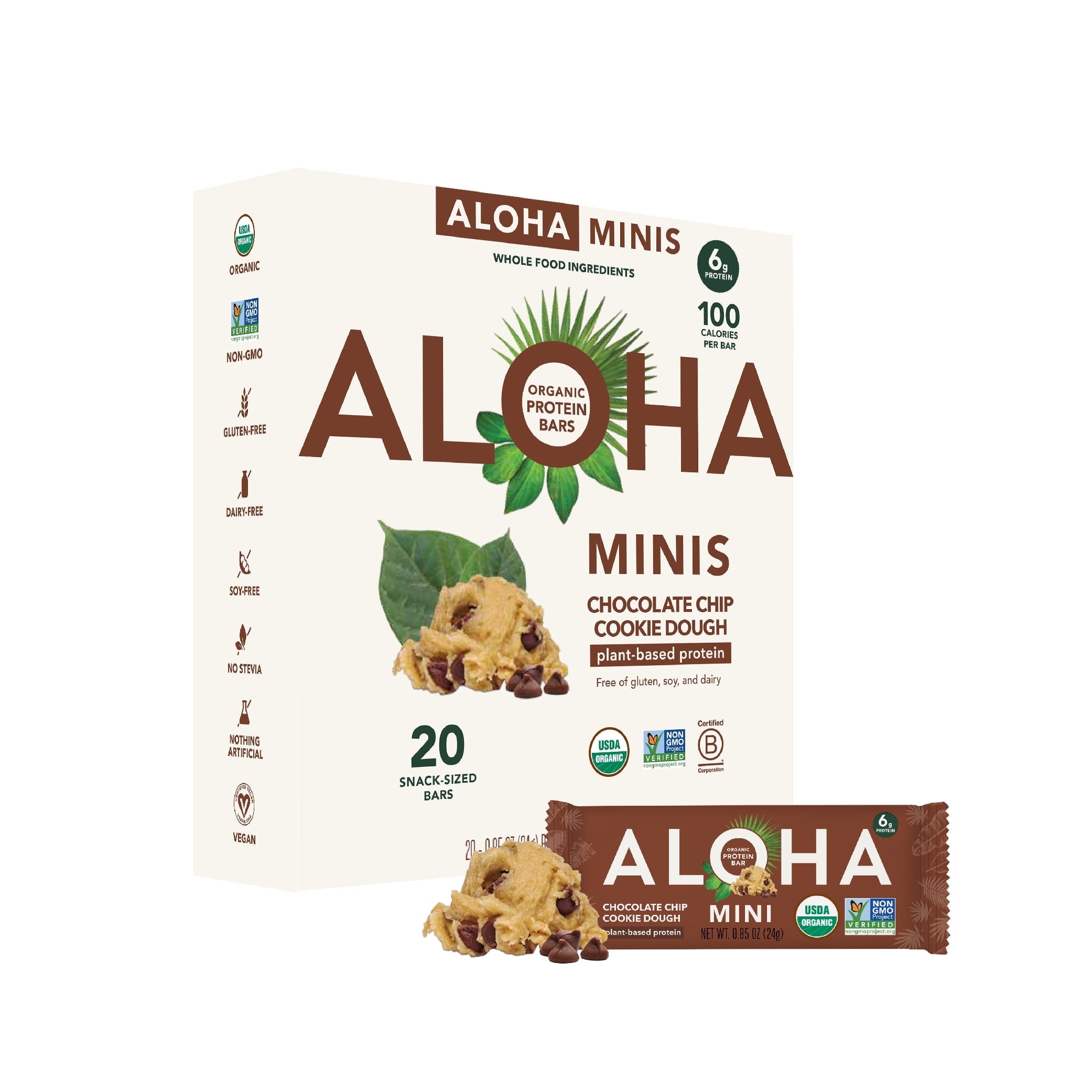 ALOHA, Plant Based Protein, Mini Bars, Chocolate Chip Cookie Dough (Pack of 20)