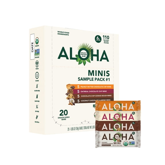 ALOHA, Plant Based Protein, Mini Bars, Minis Sample Pack (Pack of 20)