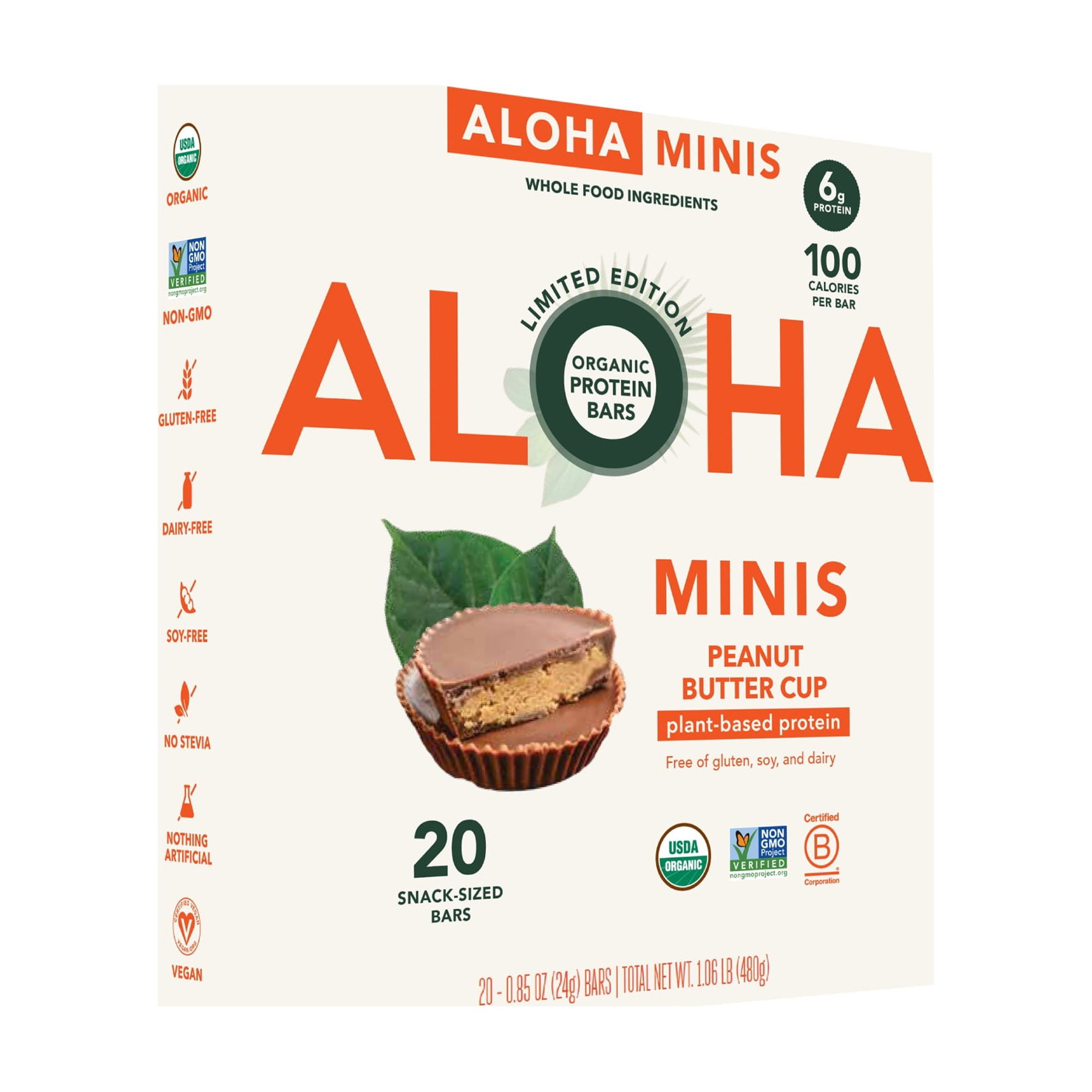 ALOHA, Plant Based Protein, Mini Bars, Peanut Butter Cup (Pack of 20