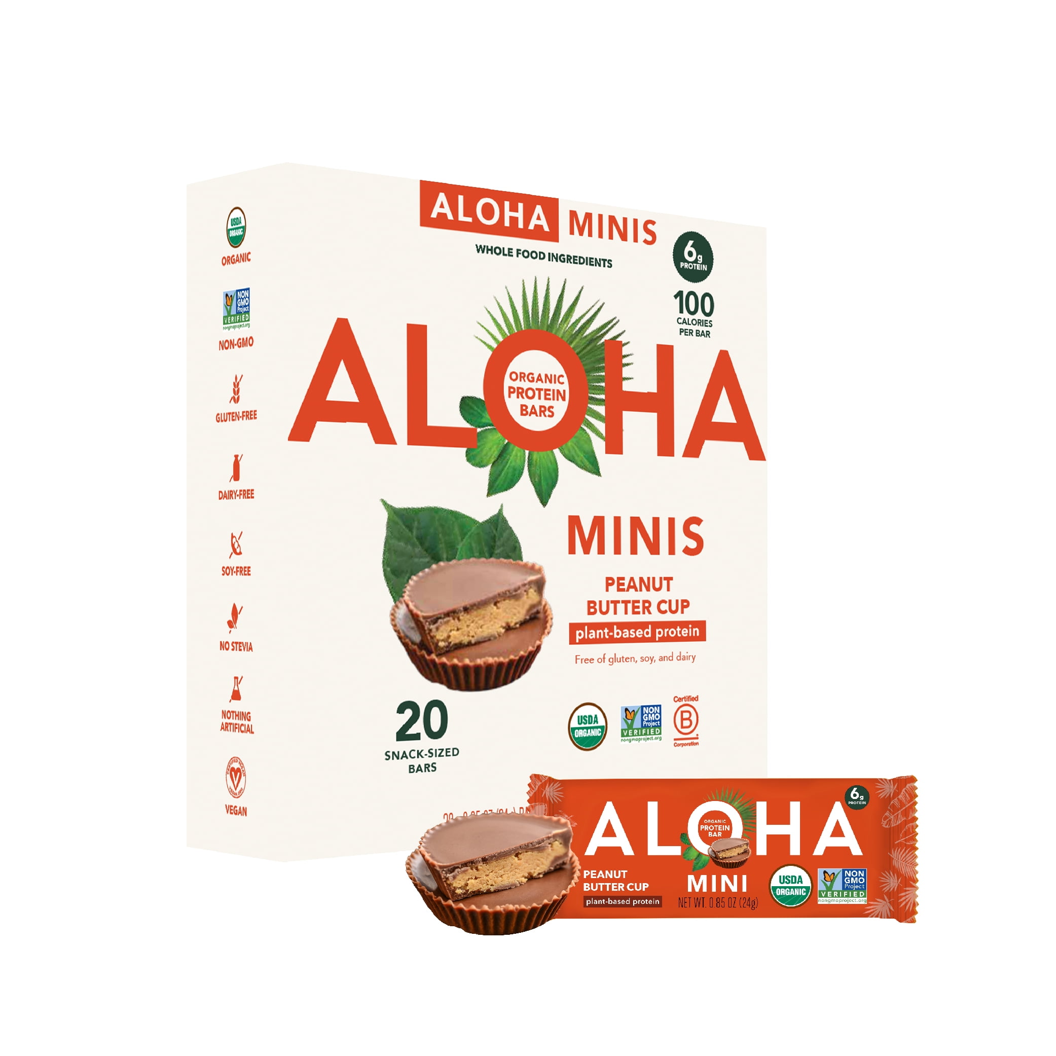 ALOHA, Plant Based Protein, Mini Bars, Peanut Butter Cup (Pack of 20)