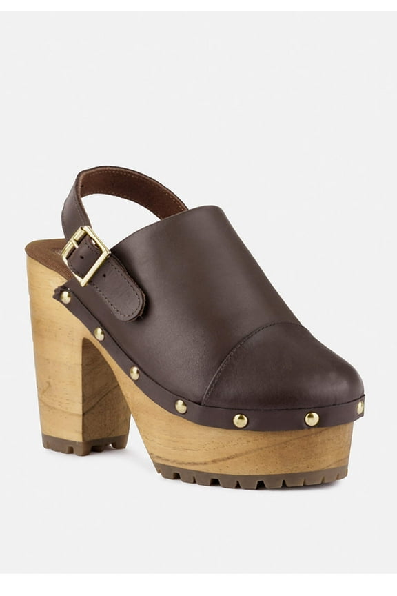 ALONA Brown Slingback High Block Heeled Clogs