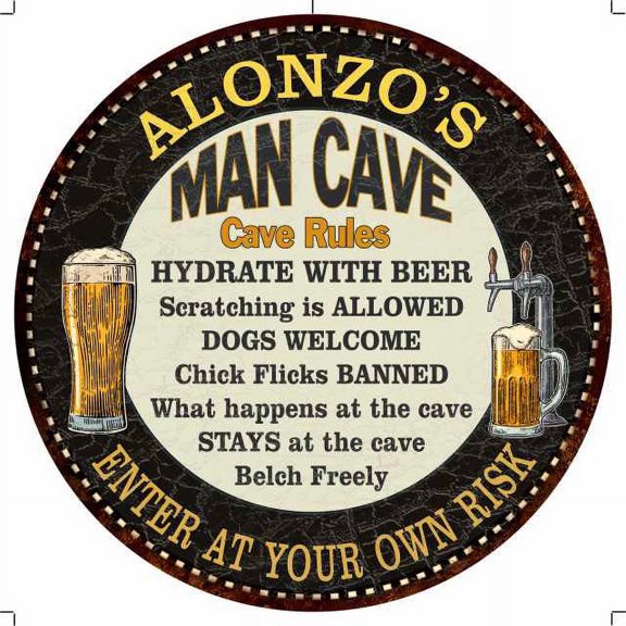 ALONZO'S Man Cave Rules 14" Round Metal Sign Garage Wall Decor 100140010241