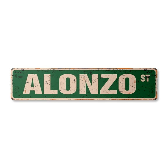 ALONZO Vintage Aluminum Street Sign Childrens Name Room Metal Sign rustic metal tin | Indoor/Outdoor | 30" Wide