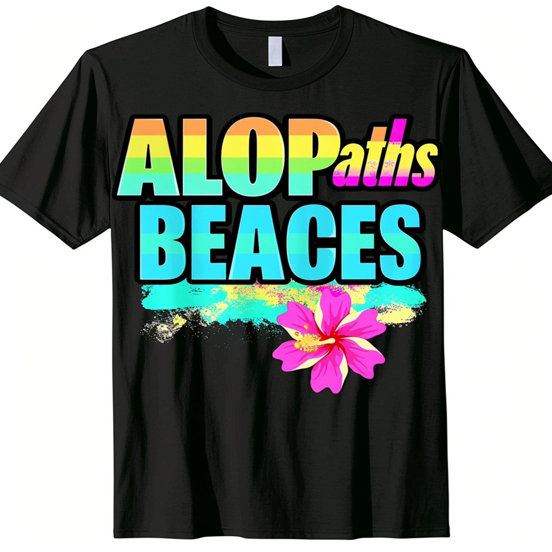 ALOPaths BEACHES Black TShirt: Dive into Hawaiian Vibes with Ocean Blue