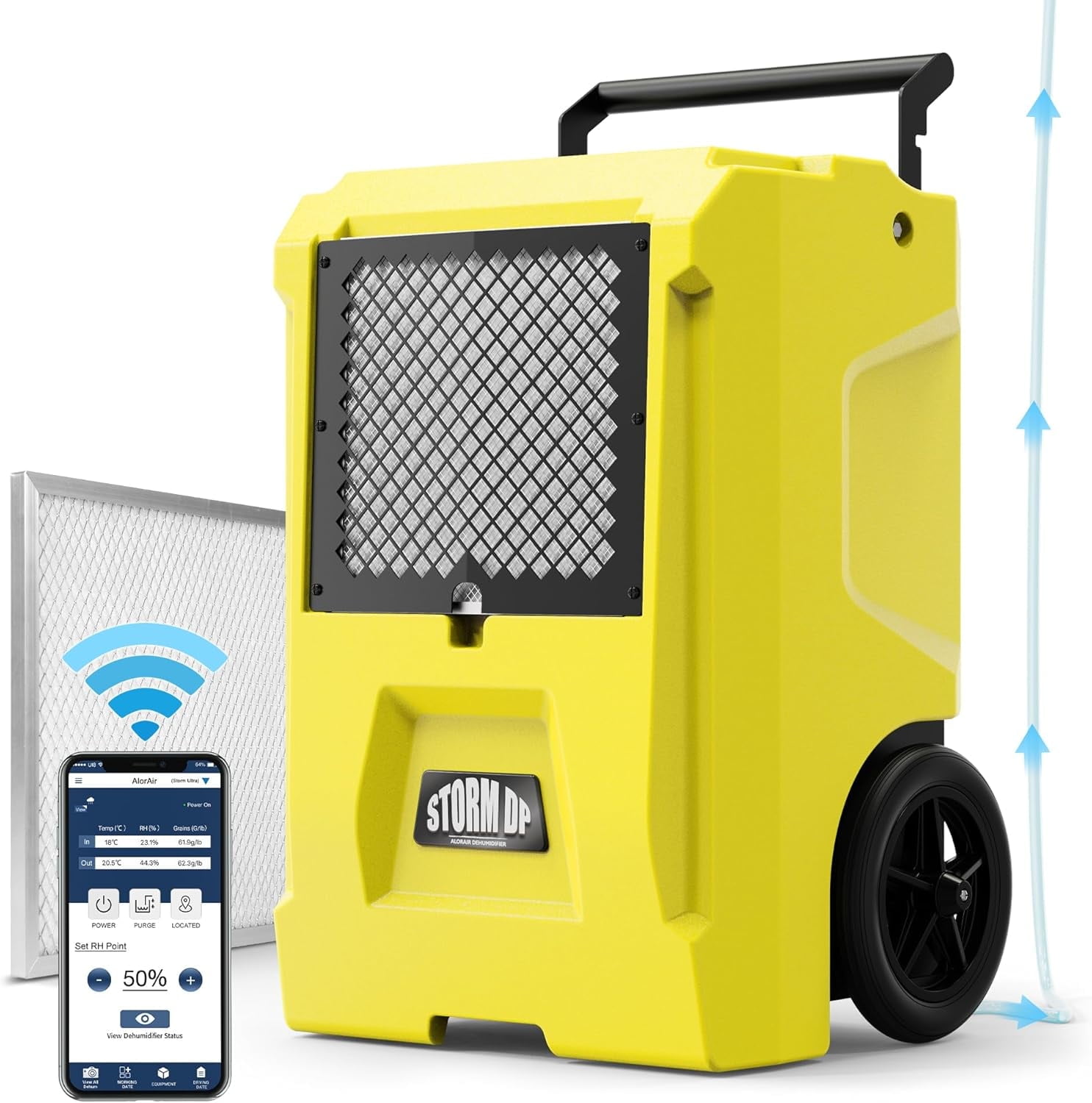 ALORAIR 110 Pint Dehumidifier Commercial Grade - Built-in Pump, Includes Drain Hose, Ideal for Large Basements, Industrial or Commercial Spaces and Job Sites, 5 Years Warranty, Yellow