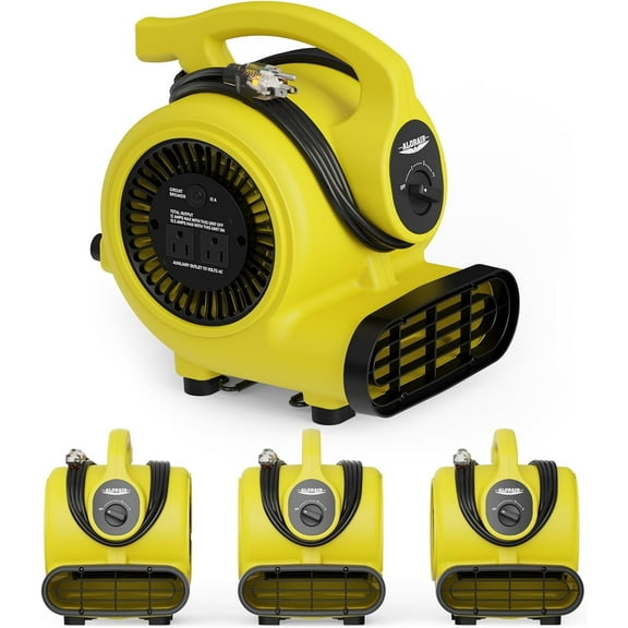 ALORAIR 600 CFM 【4pc】Air Mover Blower Fan for Industrial, Workshop, and Home Use - 3 Speeds, 5 Adjustable Angles and Daisy Chain - Ideal for Water Damage Restoration and Plumbing - GF600A Yellow