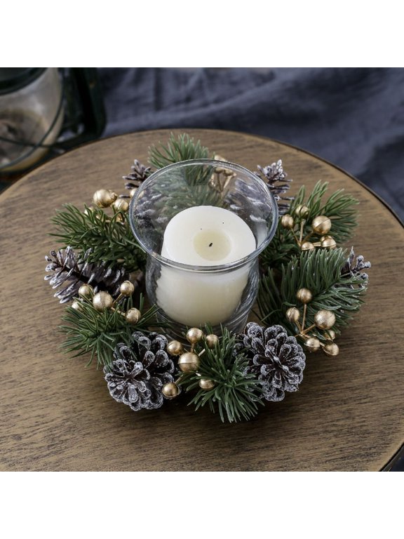7.87 Inch Christmas Candle Wreath Ring, Frosted Pinecone and Gold Berry Candle Holder Decor, Green Pine Needle Centerpiece for Christmas Table Home Decor