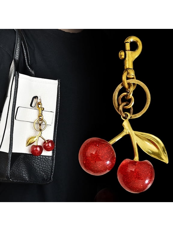 Cherry Keychain with Gold Metal Hardware and Glitter Resin Fruit Charm, Cute Bag Pendant Accessory for Handbags Purses Car Keys, Red