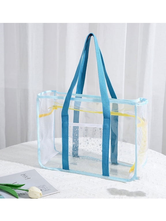 Clear PVC Beach Tote Bag with Blue Handle and Zipper, Waterproof Transparent Storage Tote for Pool, Travel, Cosmetics, and Beach Essentials