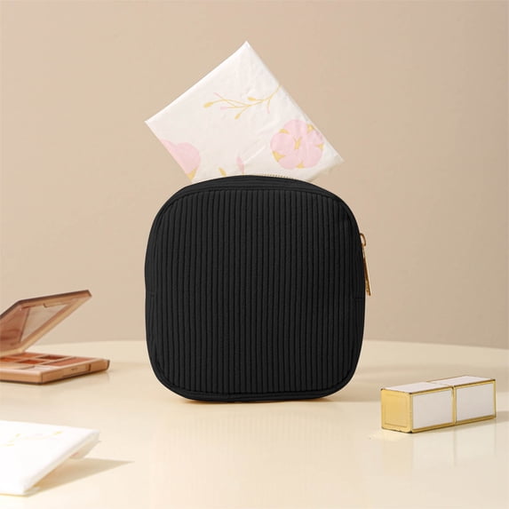 ALORINA Corduroy Cosmetic Storage Bag, Small Zipper Pouch for Sanitary Pads and Makeup, Black Portable Mini Organizer for Purse and Travel