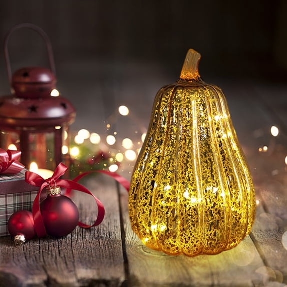 ALORINA Glass Pumpkin Lantern with Warm LED Light, Gold Mercury Finish Decorative Lamp for Halloween and Holiday Party, Battery Operated Tabletop Centerpiece for Home Decor