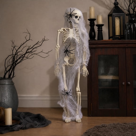 ALORINA Halloween Movable Skeleton Prop with White Net and Black Spiders, Adjustable Joints Decorative Ornament for Festival House and Party Scene Display