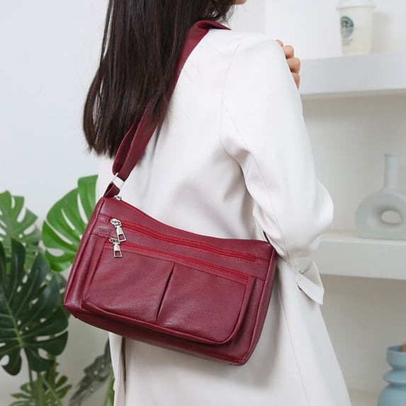 ALORINA Red Faux Leather Crossbody Shoulder Bag, Soft Casual Handbag with Multiple Zipper Compartments, Versatile Everyday Purse for Women, 10.2 x 7.5 x 3.9 Inch