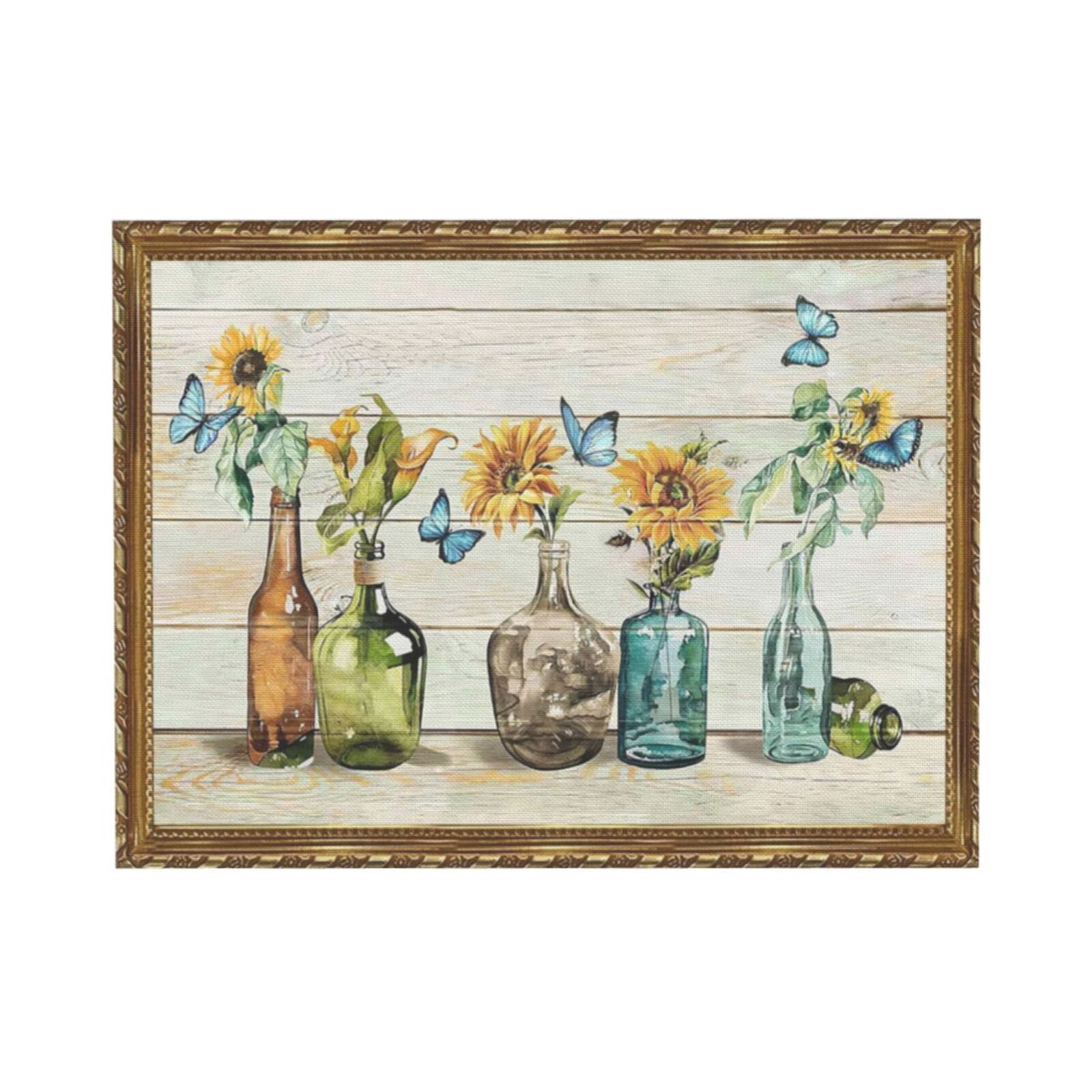 ALOUYA Floral Bathroom Wall Art Rustic Vase Butterflies Sunflowers Wall Decor Farmhouse Bottles ...