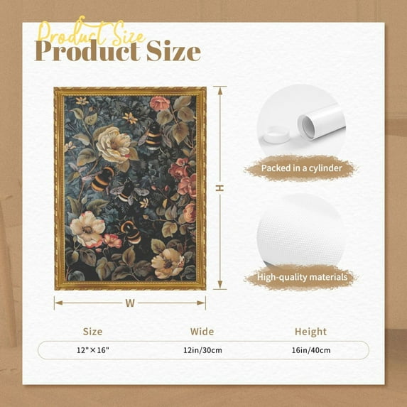 ALOUYA Vintage Bumble Bee Poster William Morris Wall Art Retro Farmhouse Mid Century Botanical Cottagecore Dark Academia Decor Canvas Prints Gothic Insect Posters for Office Room Decor Gold Framed