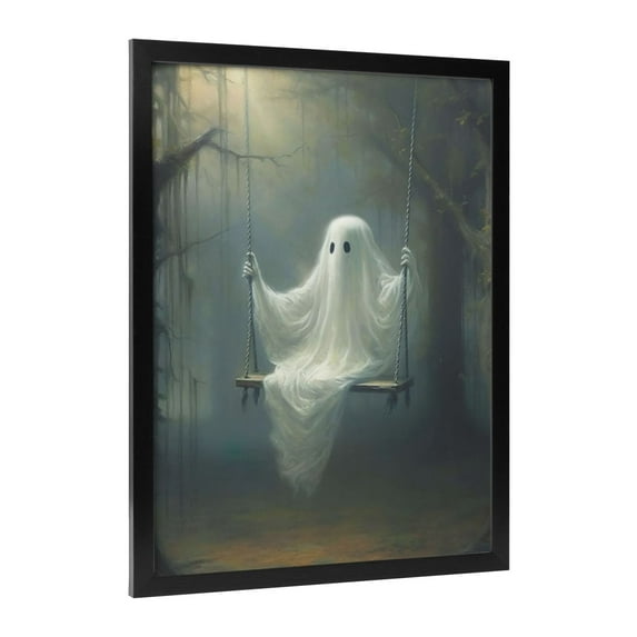ALOUYA Vintage Cute Ghost Canvas Wall Art, Funny Ghost on A Swing in The Forest Aesthetic Poster, Gothic Dark Academia Wall Decor, Creepy Spooky Abandoned Art Halloween Pictures Black Framed