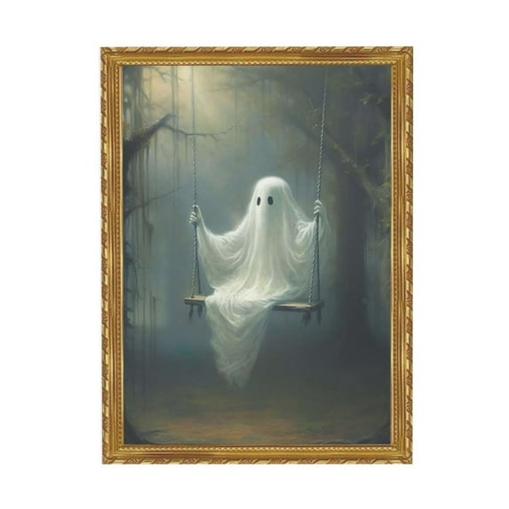 ALOUYA Vintage Cute Ghost Canvas Wall Art, Funny Ghost on A Swing in The Forest Aesthetic Poster, Gothic Dark Academia Wall Decor, Creepy Spooky Abandoned Art Halloween Pictures Gold Framed