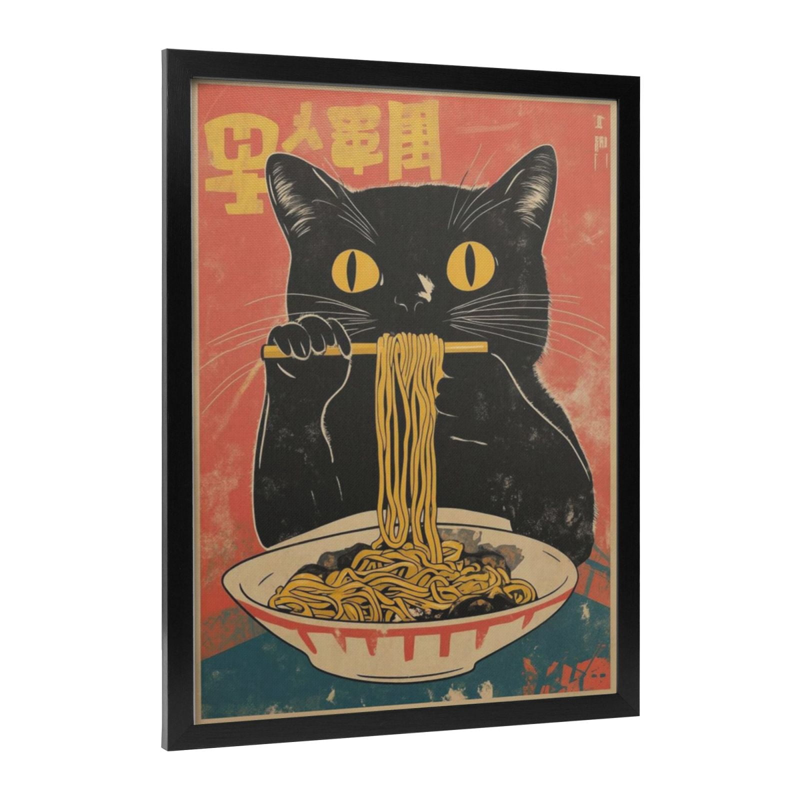 ALOUYA Vintage Japanese Cat Canvas Wall Art, Quirky Black Cat Eating ...