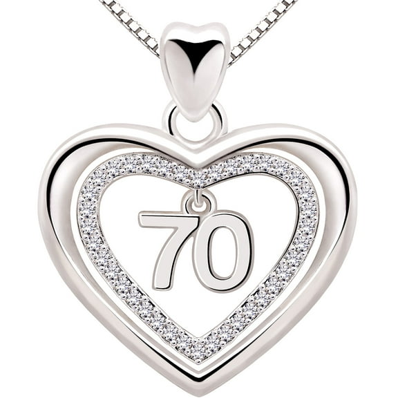 ALOV Jewelry Sterling Silver 70th Birthday Anniversary Lucky Number Love Heart Cubic Zirconia Pendant Necklace