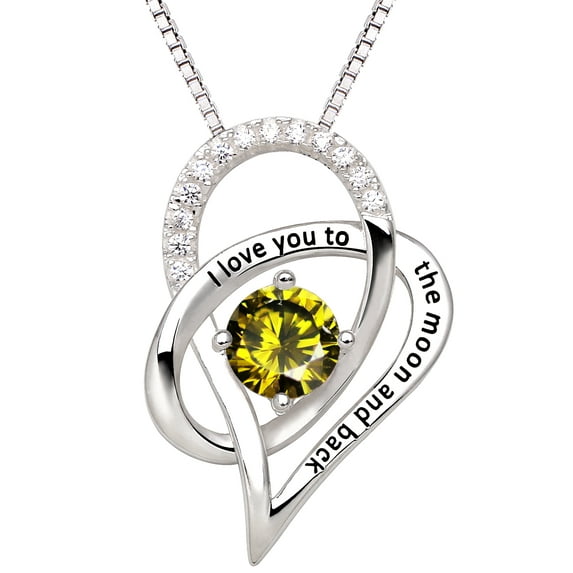 ALOV Jewelry Sterling Silver Birth Month I Love You To The Moon and Back Love Heart Cubic Zirconia Pendant Necklace (August)