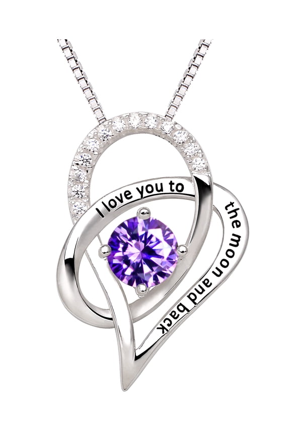 Jewelry Sterling Silver Birth Month I Love You To The Moon and Back Love Heart Cubic Zirconia Pendant Necklace (February)