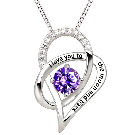 ALOV Jewelry Sterling Silver Birth Month I Love You To The Moon and Back Love Heart Cubic Zirconia Pendant Necklace (February)