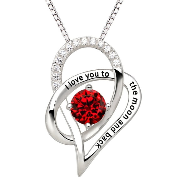 ALOV Jewelry Sterling Silver Birth Month "I Love You To The Moon and Back" Love Heart Cubic Zirconia Pendant Necklace (January)