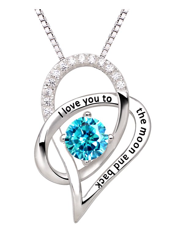 Jewelry Sterling Silver Birth Month I Love You To The Moon and Back Love Heart Cubic Zirconia Pendant Necklace (March)