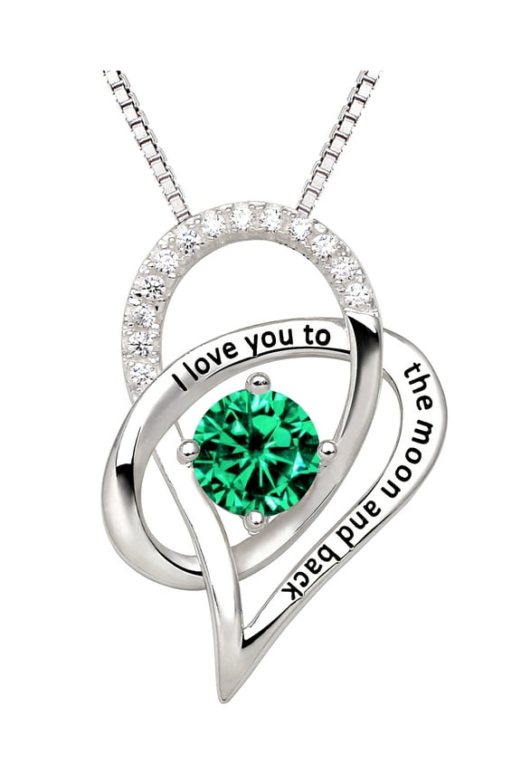 Jewelry Sterling Silver Birth Month I Love You To The Moon and Back Love Heart Cubic Zirconia Pendant Necklace (May)