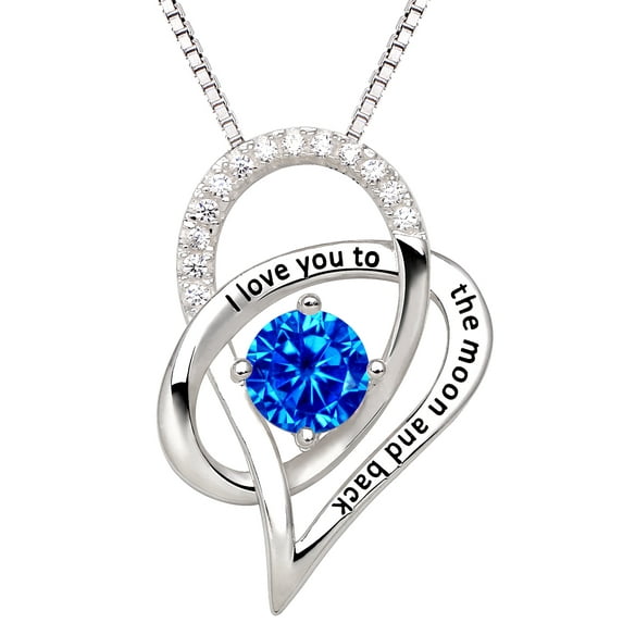 ALOV Jewelry Sterling Silver Birth Month I Love You To The Moon and Back Love Heart Cubic Zirconia Pendant Necklace (September)