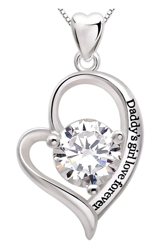 Jewelry Sterling Silver Father and Daughter Love Heart Cubic Zirconia Pendant Necklace