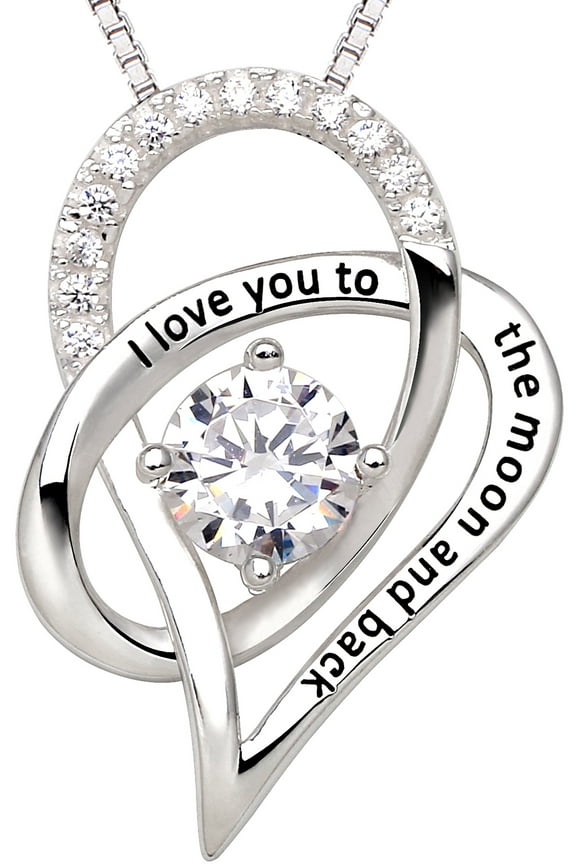 Jewelry Sterling Silver I Love You To The Moon and Back Love Heart Cubic Zirconia Pendant Necklace