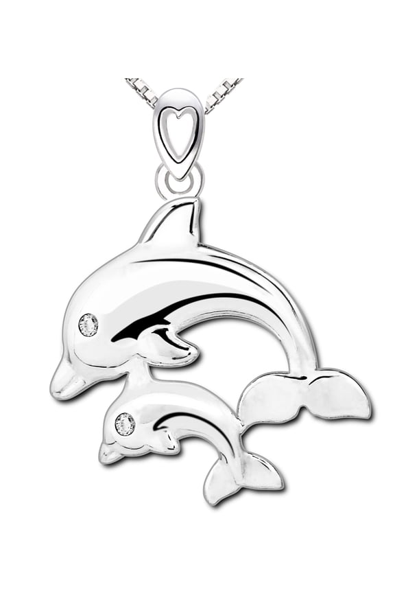 Jewelry Sterling Silver "I Will Always Love You" Mother Dolphin Cubic Zirconia Pendant Necklace