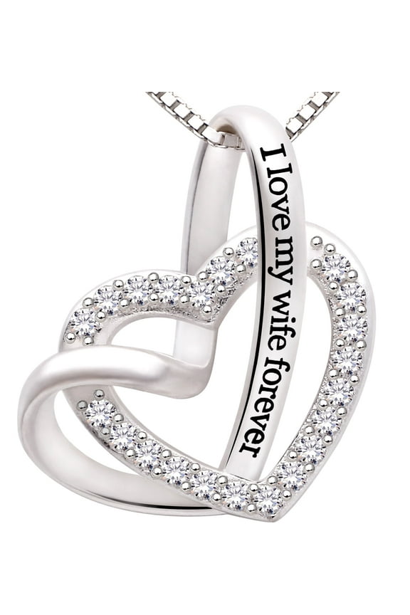 Jewelry Sterling Silver "I love my wife forever" Love Heart Cubic Zirconia Necklace